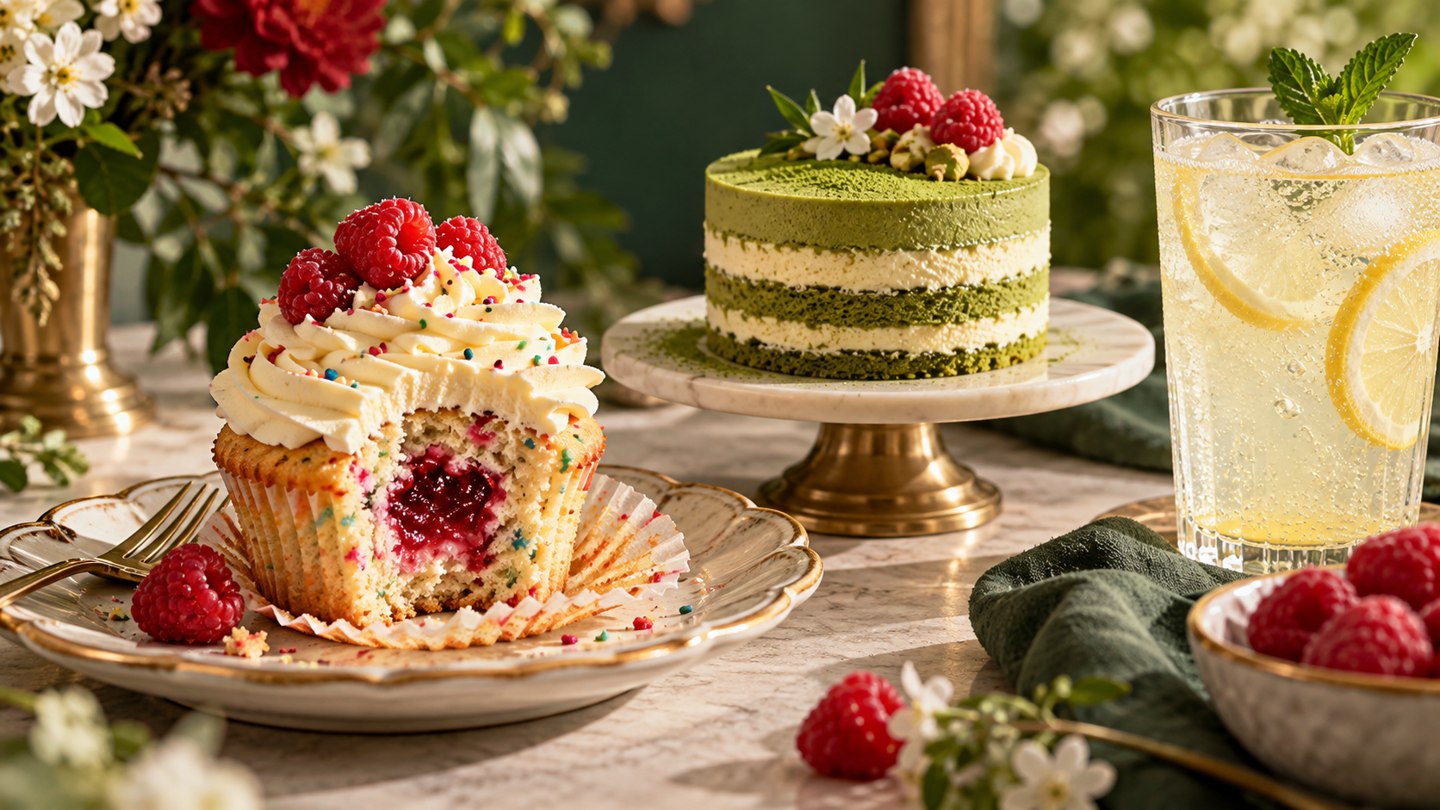 AI illustration of a raspberry cupcake, layered cake and lemon soda
