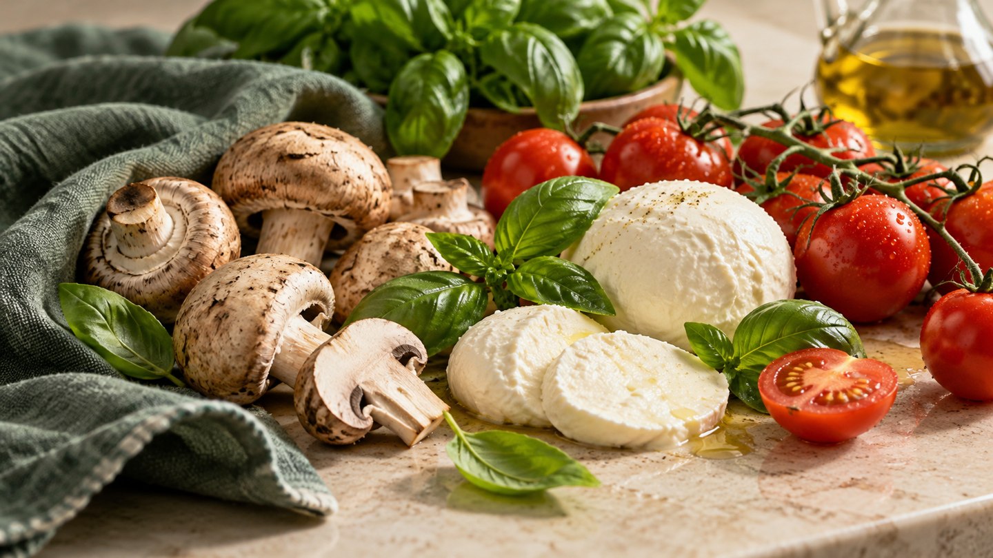 AI illustration of fresh mushrooms, tomatoes, basil and mozzarella