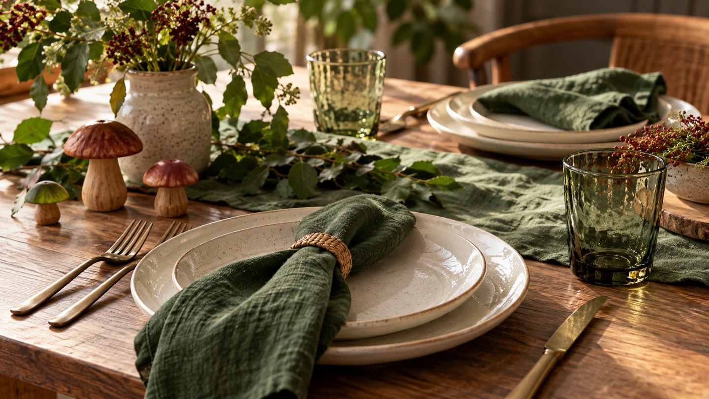 AI illustration of a cafe table with green linen and cream tableware